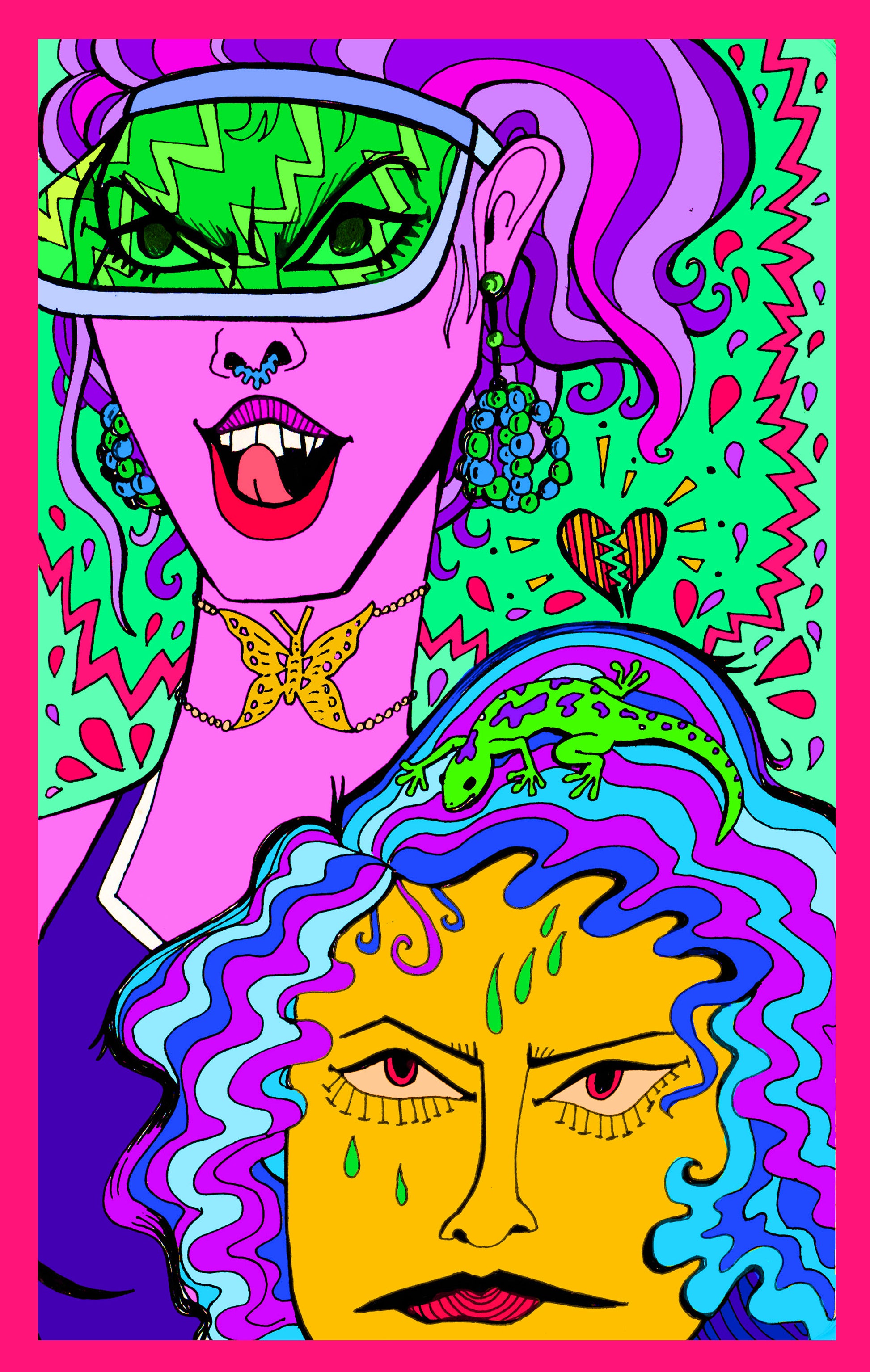 a vibrant and colorful illustration of two ladies, one wearing a neon green visor, beaded earrings and a butterfly chocker - the other with a lizard on her head and dripping with some water. Wow! 